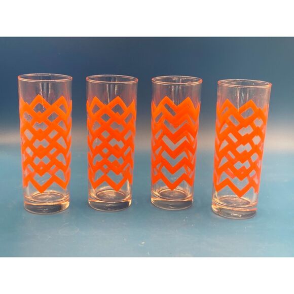 Libbey Crisa Orange Zig Zag Chevron Pattern Highball Glasses (set of 4) - Picture 1 of 4